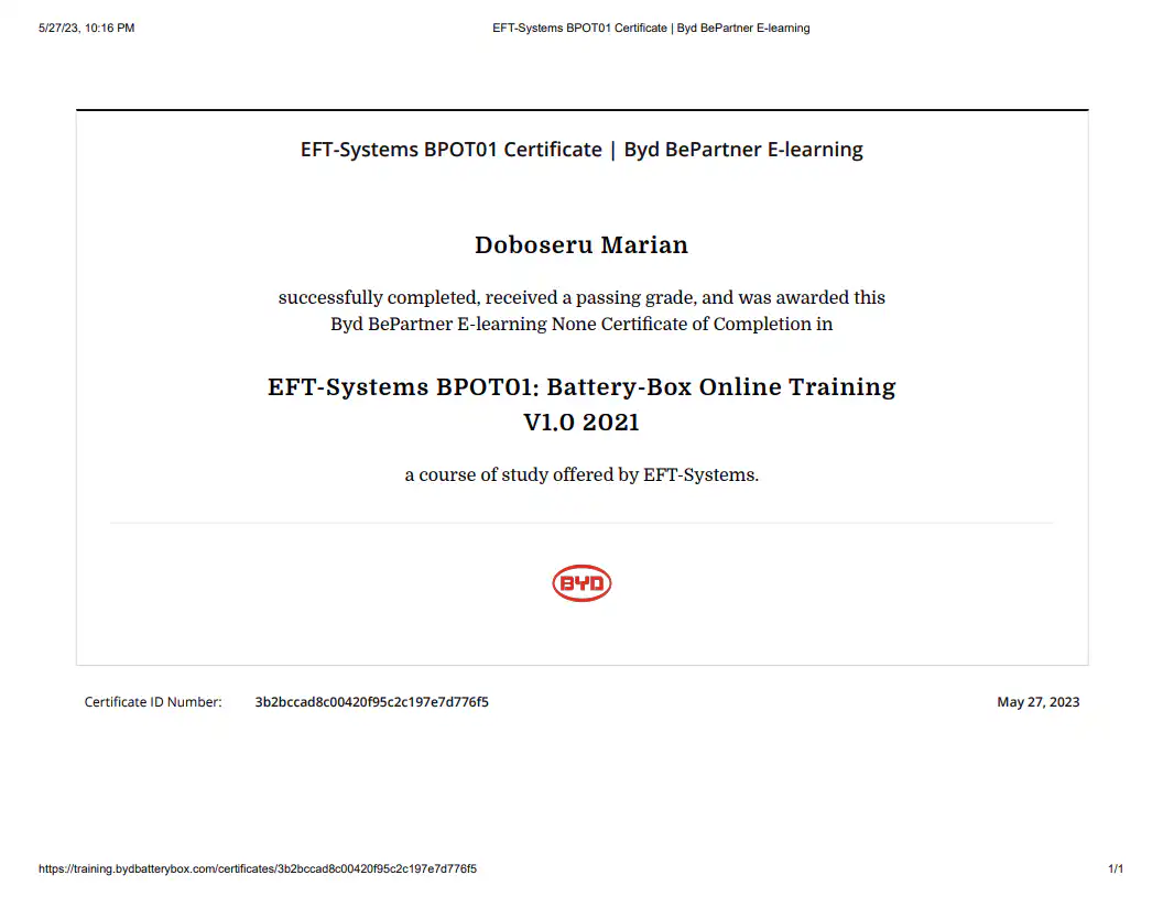 Certificat EFT Systems Service BYD Romania Service
